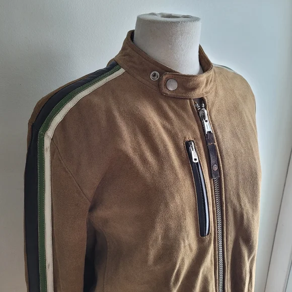 Vintage 90s MISS SIXTY Racer Moto Aviatior Suede Tan Jacket Brown Stripes M/L - Picture 5 of 15